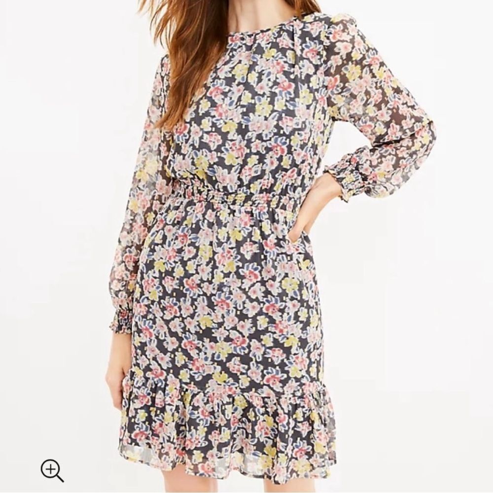 LOFT Petite Shimmer Floral Smocked Dress - Size XS Petite